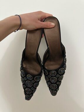 Beaded Black Pointed-Toe Women's Mules